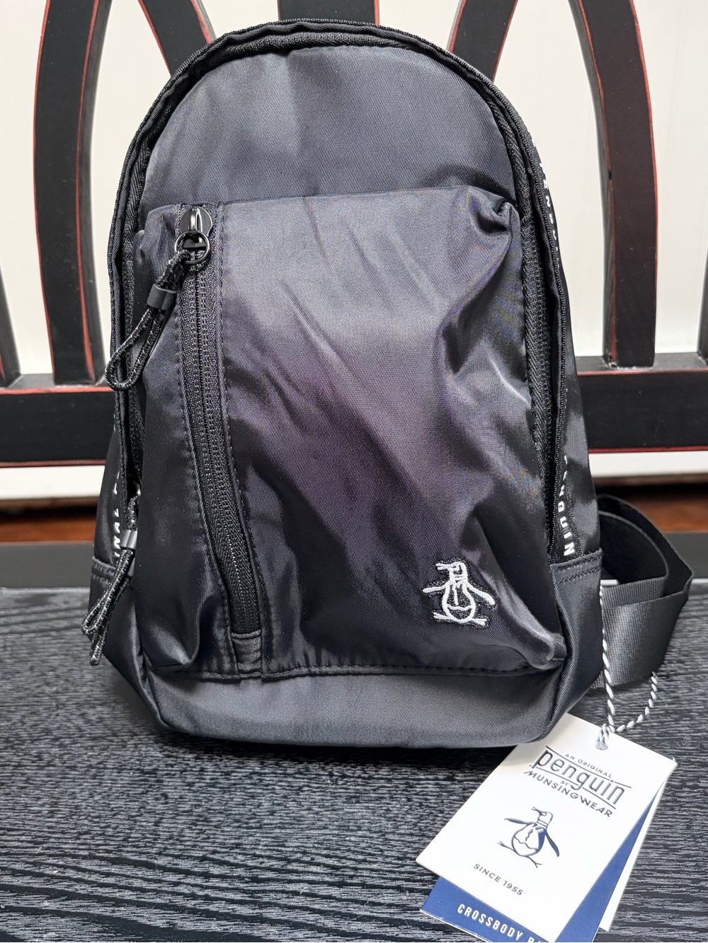 Original Penguin Black Sling Backpack with White Penguin Logo